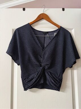 Dynamite Navy White Polka Dot Twist-Front Crop Top